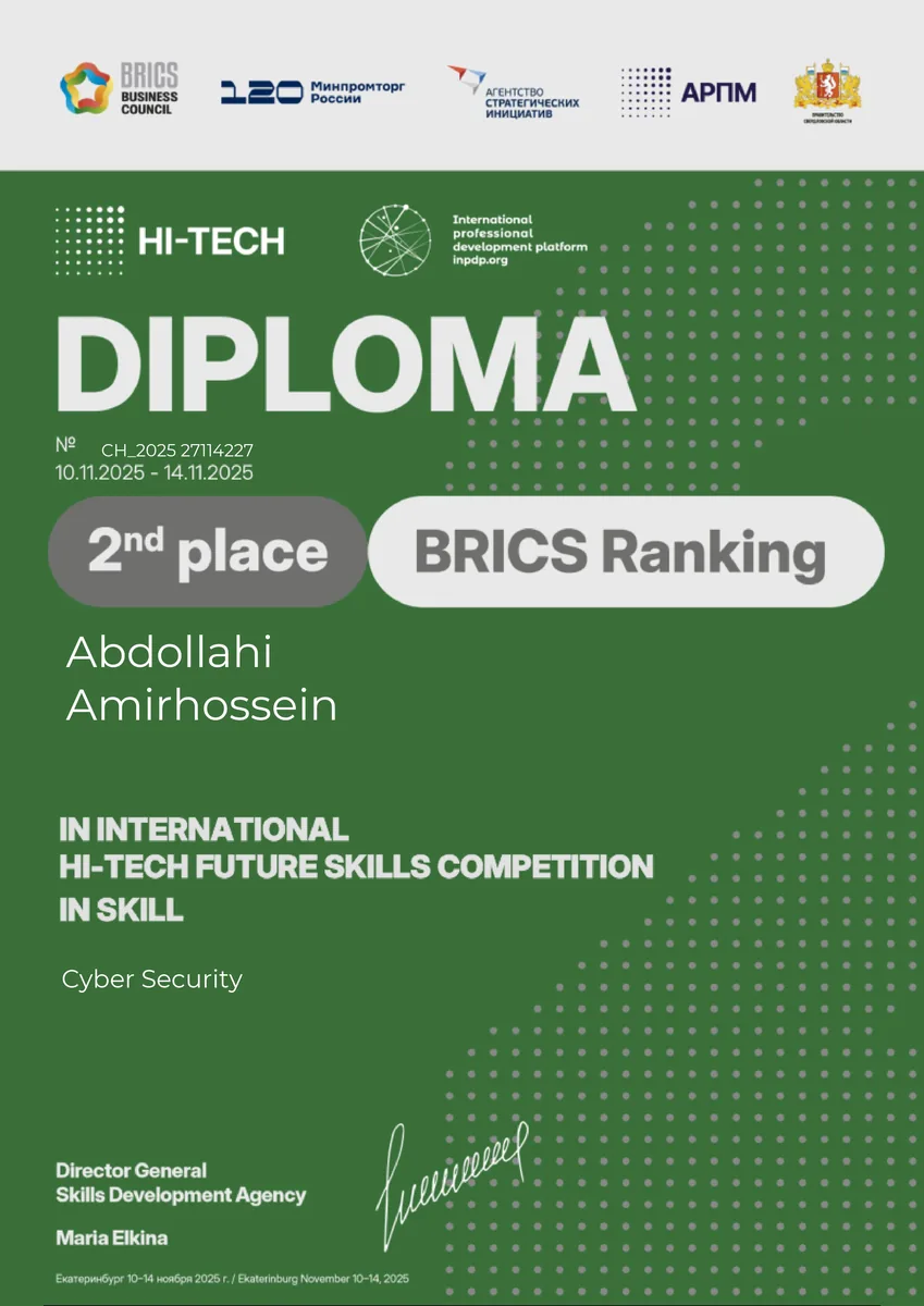 BRICS 2025 honorary diploma — silver medal — Russian international cybersecurity competitions
