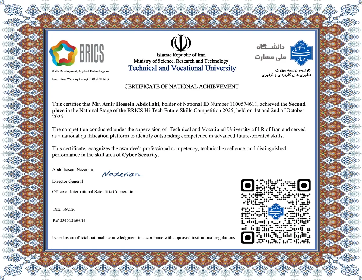 Official certificate by the Technical & Vocational University and Ministry of Science — 2nd place, national stage of BRICS Hi-Tech 2025, cybersecurity