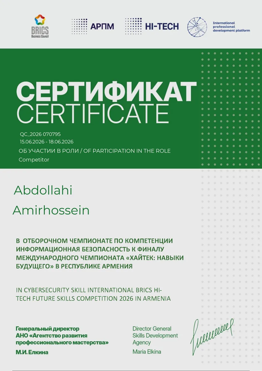 Official certificate of participation in the BRICS Hi-Tech 2026 international cybersecurity competitions in Armenia — AmirHossein Abdollahi