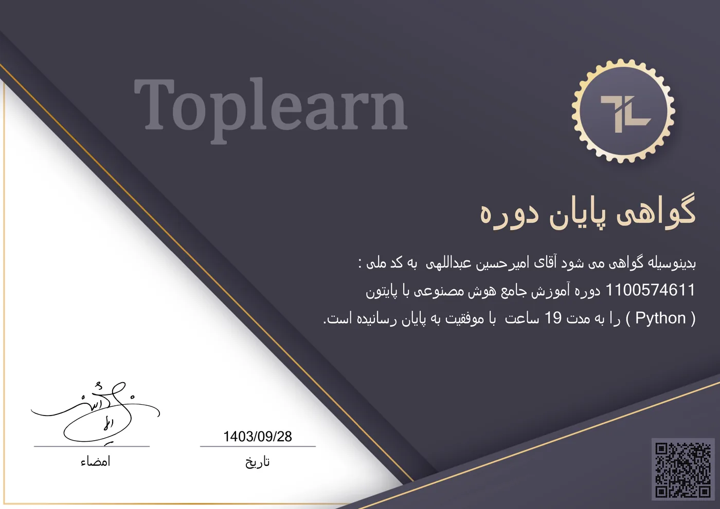 Comprehensive artificial intelligence with Python course completion certificate — TopLearn online school — AmirHossein Abdollahi