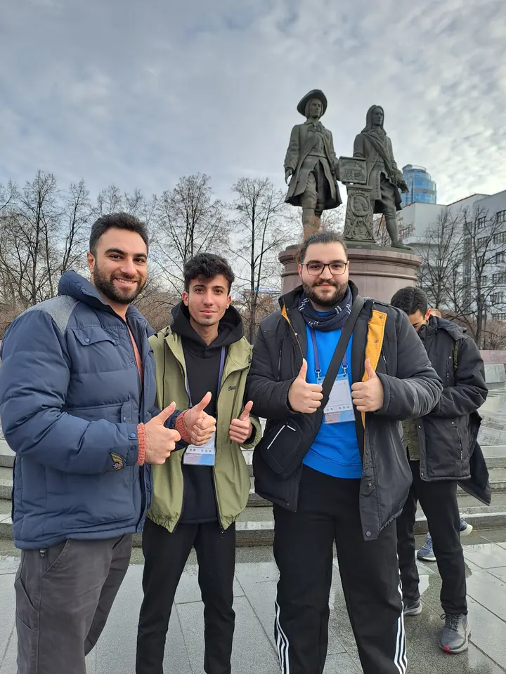 AmirHossein Abdollahi and members of the Iran team in Yekaterinburg, Russia — BRICS Hi-Tech 2025 competitions