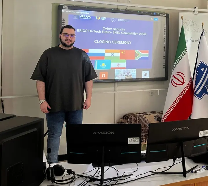 AmirHossein Abdollahi at the closing ceremony of the Cyber Security track of the BRICS Hi-Tech Future Skills 2026 international competition in Armenia